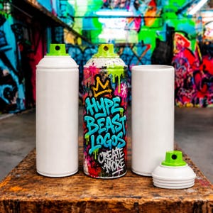 May include: Two plain white spray paint cans with lime green nozzles, one featuring a vibrant graffiti-style design with the text HYPE BEAST LOGOS CREATE MORE in blue, pink, and yellow, alongside a separate white cylindrical casing and a green nozzle.