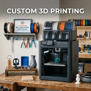 May include: A custom 3D printing setup with a 3D printer, spools of filament, and various 3D-printed objects. The text "CUSTOM 3D PRINTING" is displayed at the top. A sign reads "CUSTOM 3D PRINTING SERVICES BRING YOUR IDEAS TO LIFE!"