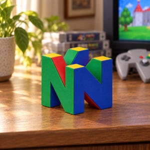 Puede incluir: Una escultura tridimensional del logotipo N64 con un diseño en bloques y superficies de colores vibrantes en verde, azul, rojo y amarillo. El objeto está construido con formas geométricas que forman la letra N, mostrando una estética angular.