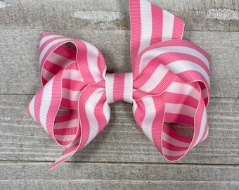 White and Pink Stripe Hair Bow