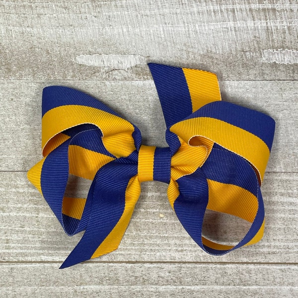 Royal Blue and Yellow Gold Two Tone Hair Bow for Sport Teams, School, or Perfect Outfit Matching!