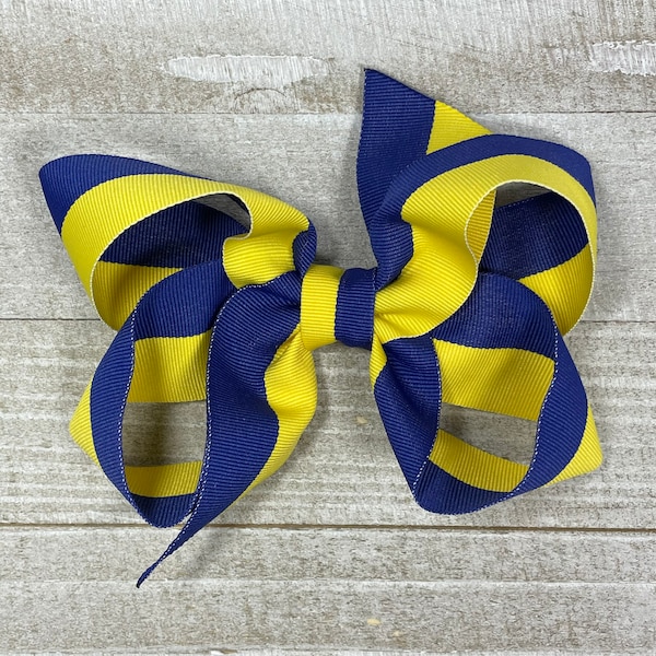 Bright Yellow and Royal Blue Two Tone Hair Bow for Sport Teams, School, or Perfect Outfit Matching!