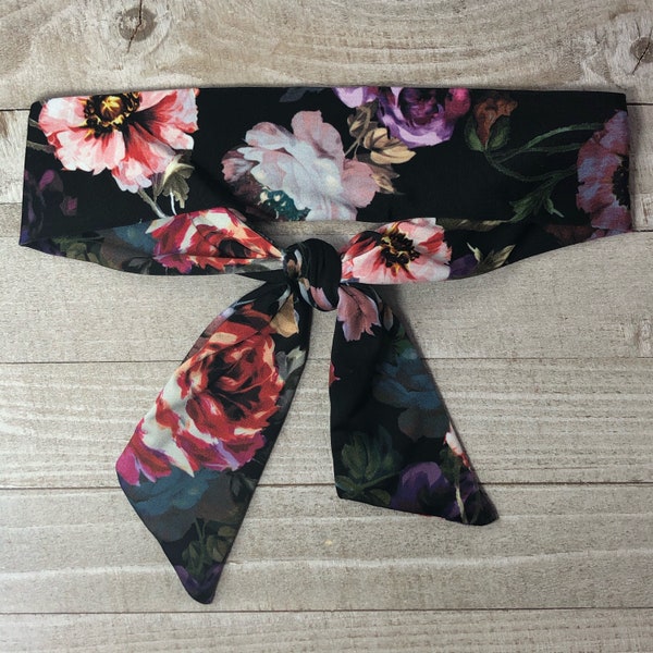 Trendy or sporty tie headband great for sports school moisture wicking - Black Floral