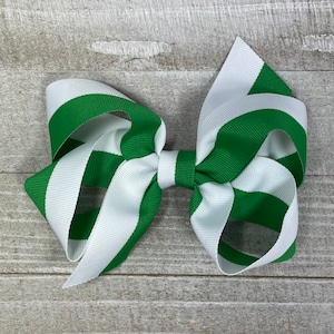 Kelly Green and White Two Tone Striped Hair Bow for Sport Teams, School, or Perfect Outfit Matching!