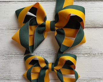 Hunter Green and Yellow Gold Two Tone Hair Bow for Sport Teams, School, or Perfect Outfit Matching!