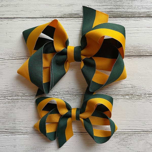 Hunter Green and Yellow Gold Two Tone Hair Bow for Sport Teams, School, or Perfect Outfit Matching!