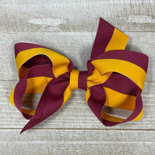 Yellow Gold and Maroon Two Tone Hair Bow for Sport Teams, School, or Perfect Outfit Matching!