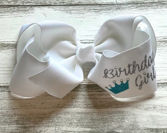 Birthday Girl Hair Bow with a Glitter and Rhinestone Princess Crown, personalize with name and/or age