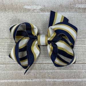Preppy Nautical Navy, White, Metallic Gold Stripe Hair Bow made with high end USA made ribbon