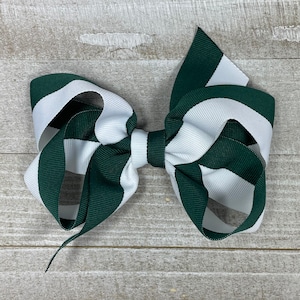 Hunter Green and White Two Tone Striped Hair Bow for Sport Teams, School, or Perfect Outfit Matching!