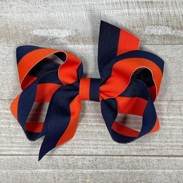 Navy Blue and Orange Two Tone Striped Hair Bow for Sport Teams, School, or Perfect Outfit Matching!