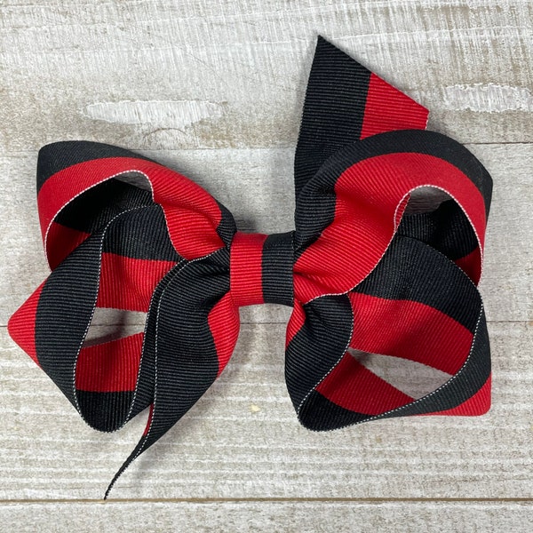 Black and Red Two Tone Striped Hair Bow for Sport Teams, School, or Perfect Outfit Matching!