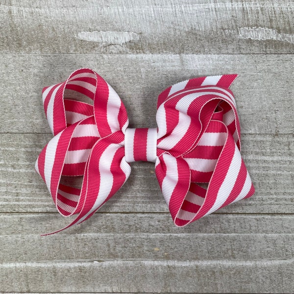 Hot Pink and White Striped Hair Bow for Sport Teams, School, or Perfect Outfit Matching!