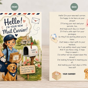 Puede incluir: Una tarjeta de felicitación de dos caras con una cartera y un perro dorado en el frente con el texto Hello! I'm your new Mail Carrier! y Thanks for helping me make this route a great one!. El reverso contiene un poema y una ilustración de un perro.