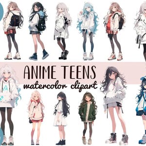Aquarell Anime Teens Clipart – Süße Kawaii Teenager PNG für Sublimation – Grafiken im japanischen Stil, Cartoon Jugendliche