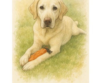 May include: Watercolor illustration of a yellow Labrador Retriever lying on green grass, holding an orange toy. The dog has brown eyes and a brown nose. The name "JAKE" is printed in brown at the bottom of the image.