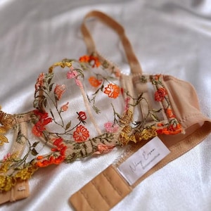 Handmade Floral Embroidered Lingerie Set - Vintage-Inspired Bralette and Thong