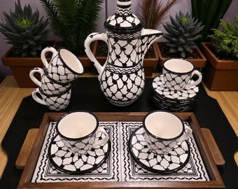 Ceramic Coffee Set Kuffiya, Handmade Palestinian Hebron 12 Cups & Saucers, Jug, Serving Tray