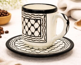 Handmade Palestinian Ceramics Coffee Kuffiya Cup and Saucer | Cultural Gift, Keffiyeh Design