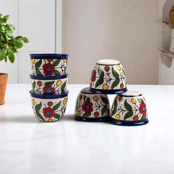 Palestinian Ceramic Coffee Cups, Set of 6 Handpainted Floral Cups