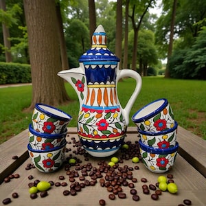 Palestinian Ceramic Coffee Cups & Jug | Handmade Hebron Pottery with Floral Design