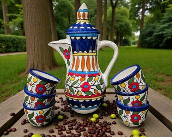 Palestinian Ceramic Coffee Cups & Jug | Handmade Hebron Pottery with Floral Design