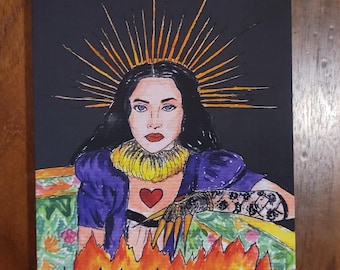 May include: A watercolor painting of a woman with a crown of golden rays, wearing a purple dress and a yellow collar. She has a red heart on her chest and is holding a hand with long, sharp claws. The painting is set against a background of flames and the word "Alchemist" is written in black at the bottom.