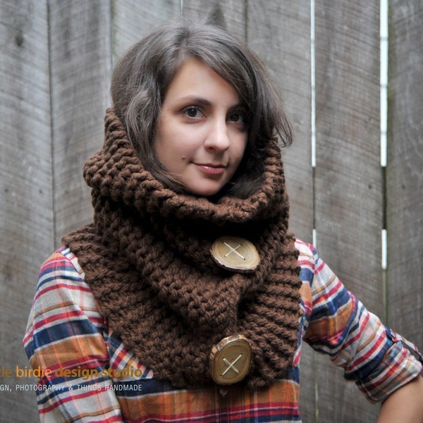 Chocolate Cozy Cowl with Tree Branch Buttons MADE TO ORDER