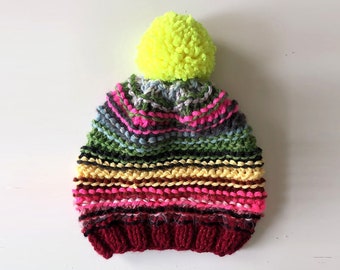 Slouchy Beanie- Pom Pom Beanie-Colorful Beanie-Knitted Hat-Knit Hat-Womens Beanie- Neon Pom Pom Beanie - Unique Beanies- Slouchy Pom Pom Hat