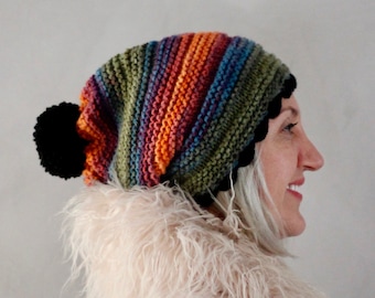 Rainbow Hat Colorful Pom Pom Beanie Hand Knit Winter Beanie Gift for her Girlfiend Gift Womens Gift Gift for Woman Pom Pom Beanie