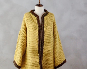 Plus Size Long Cardigan - Knit Cafthan Kimono Hand Knitted Yellow Jacket XXLARGE 2X