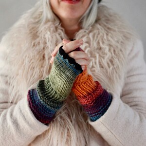 Rainbow Fingerless Gloves Colorful Fingerless Gloves Hand Knit Winter Gloves with Button Handmade Gloves Gift for her