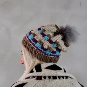 Chunky Beanie with Fur Pompom- NBeige Brown Blue Beanie- Pom pom Beanie- Hand Knit Beanie- Winter Beanie- Handmade Beanie Christmas Gift