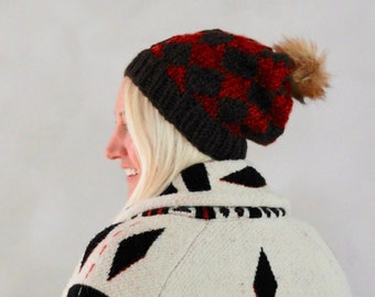 Chunky Beanie with Fur Pompom- Brown Red Beanie- Pom pom Beanie- Loose Hat- Hand Knit Beanie- Winter Beanie- Handmade Beanie Christmas Gift