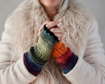 Rainbow Fingerless Gloves Colorful Fingerless Gloves Hand Knit Winter Gloves with Button Handmade Gloves Gift for her