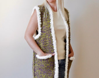 Long Vest - Women's Knitted Vest - Green Vest - 70's Womens Vest - Hippie Vest - Gift for Her - Christmas Gift - 70s Clothing - Knit Vest