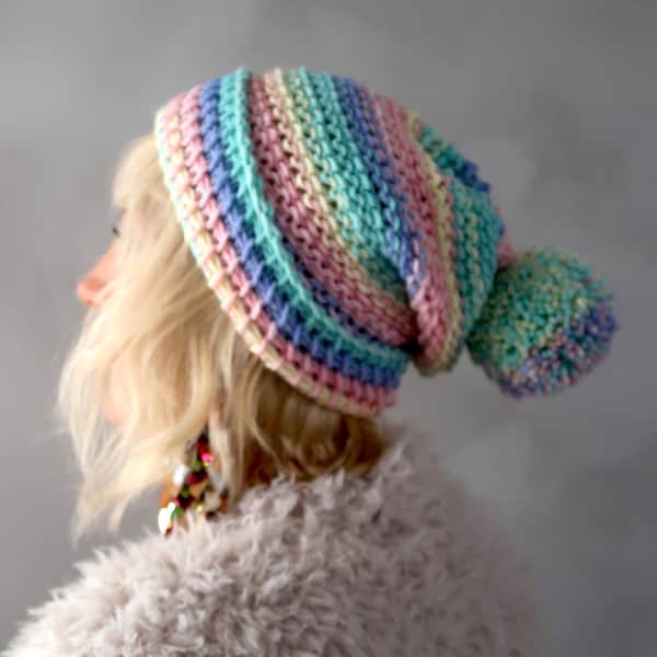 Handmade Crochet Slouchy Beanie Hat with Pom Pom - Soft Winter Crochet Hat -  Gift For Her - Knitted Pastel Rainbow Beanie Hat -Fall Fashion