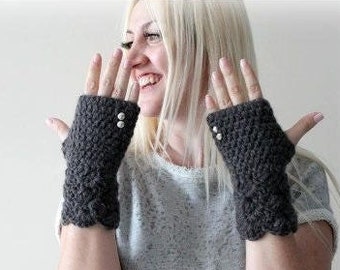 Sale fingerless gloves- crochet gloves- grey mittens- fingerless winter knit gloves Dark Grey -Winter accessories - gift for girlfriend