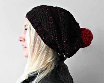 pom pom gorro negro slouchy sombrero tejer pompón sombrero slouchy gorro tejido a mano pom pom gorro chunky pom pom sombrero rojo pom pom sombrero tejer gorro