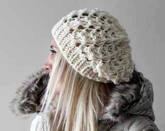 Hand Knit Ivory Winter Hat- Slouchy Wool Hat- Lacey Wool Beanie Chic White Winter Hat- Womens Winter Hat- Womens Gift- Gift for Her- Fashion