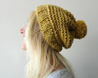 Womens Pom Pom Hat- Slouchy Beanie- Slouchy Pompom Hat- Winter Accessories- Mustard Yellow- Hand Knitted Beanie- Gift for Her- Womens Gift