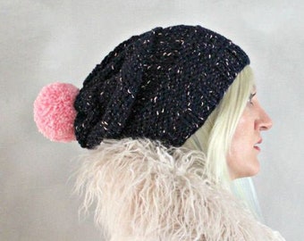 Slouchy Pom pom Beanie- Navy Pink Knit Hat- Slouchy Hat- Pom Pom Hat- Pom Pom Beanie- Tam Hat- Loose Hat- Knit Beanie- Knitted Pompom Beanie