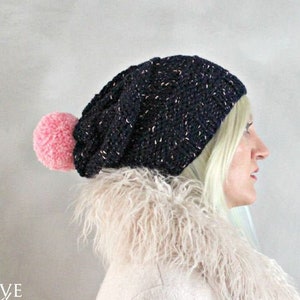 Slouchy Pom pom Beanie Navy Pink Knit Hat Slouchy Hat Pom Pom Hat Pom Pom Beanie Tam Hat Loose Hat Knit Beanie Knitted Pompom Beanie image 1