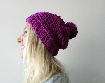 Womens Pom Pom Hat, Purple Pom Pom Beanie, Slouchy Pompom Beanie, Knit Hats for Woman, Wool Knit Hats, Purple Beanie Winter Accessories Gift