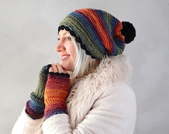 Rainbow Hat and Gloves Set Colorful Pom Pom Beanie Fingerless Gloves Hand Knit Winter Beanie Handmade Hat and Gloves Gift Set Gift for her