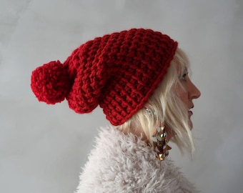 Chunky Hat - Chunky Pompom Hat - Pom pom Hat - Red Beanie - Knit Hat - Chunky Beanie - Pom pom Beanie - Gift for Her - Christmas Gift
