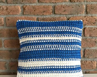 Cotton Jersey Hand Knitted Pillow Case Blue White Striped Nautical Pillow Cotton Cushion Marine Decorative Pillow Organic Pillow Jersey Yarn