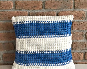 Cotton Jersey Hand Knitted Pillow Case Blue White Striped Nautical Pillow Cotton Cushion Marine Decorative Pillow Organic Pillow Jersey Yarn