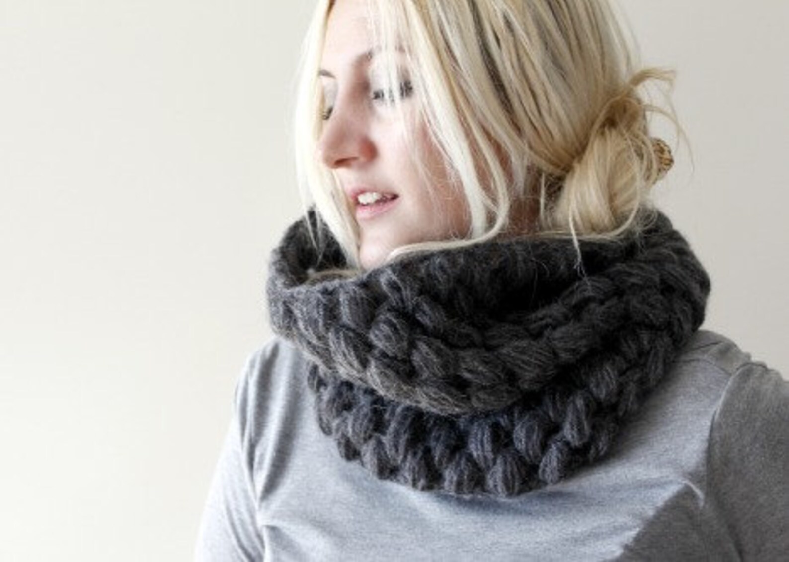 Chunky Cowl Scarf / Lace Knit Snood / Grey Cowl Scarf / Handmade Cowl ...