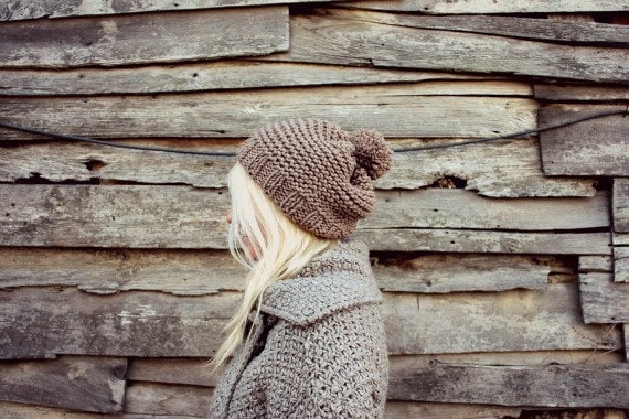 Womens Hand Knitted Pom Pom Beret- Beige Pom Pom Hat Pompom Hat
